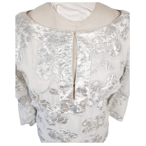 TORY BURCH White Cotton Tunic Metallic Silver Floral Embroidery Top Size L Clean - Picture 8 of 9